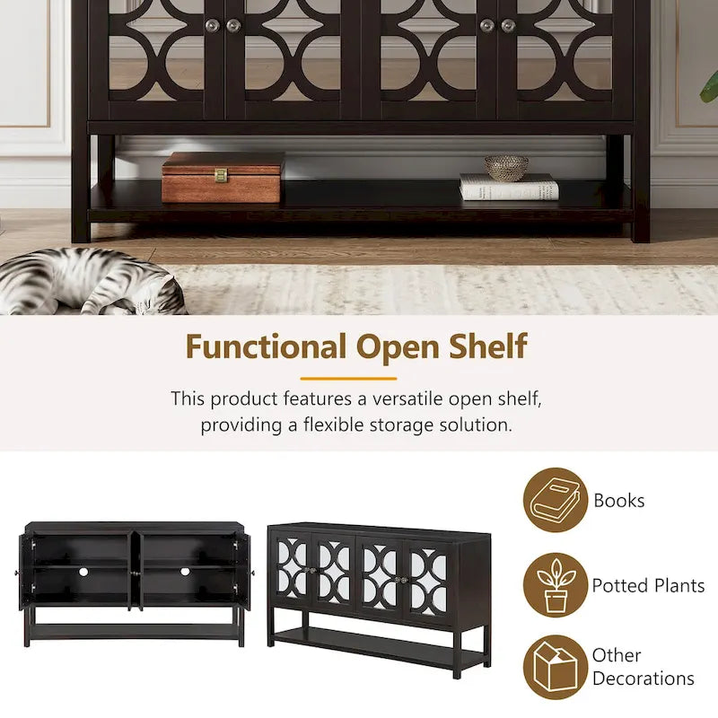 Elegant Retro Console Table/Storage Cabinet/Sideboard with Mirrored Doors, Spacious Shelves, and Durable Acacia Wood Legs