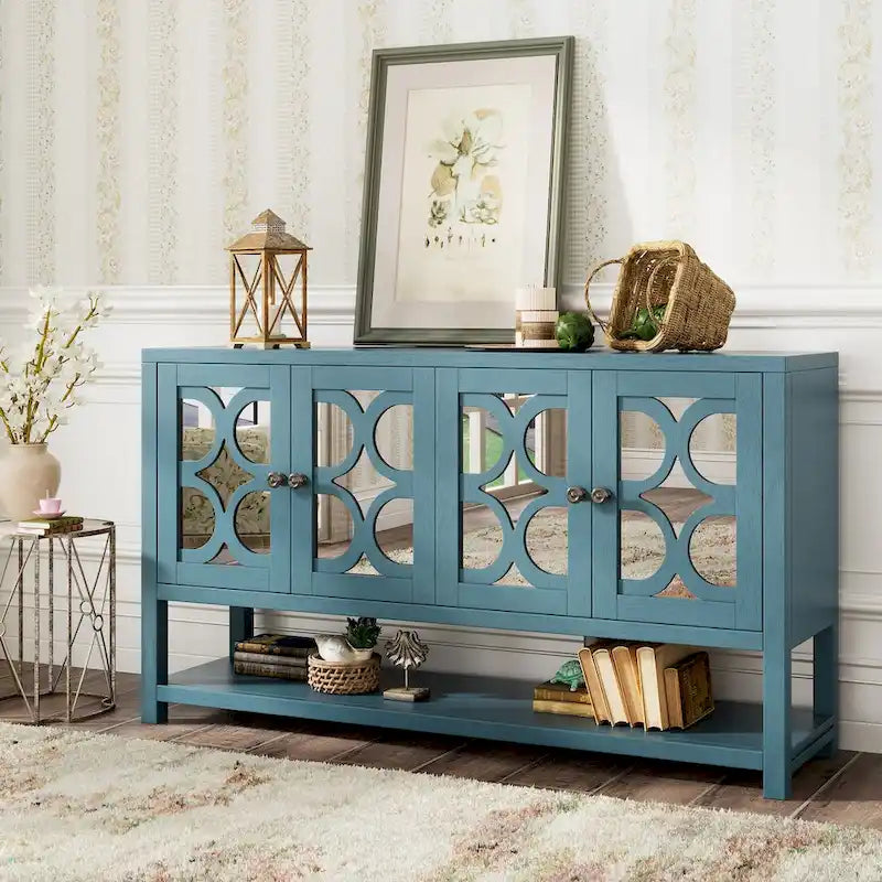 Elegant Retro Console Table/Storage Cabinet/Sideboard with Mirrored Doors, Spacious Shelves, and Durable Acacia Wood Legs