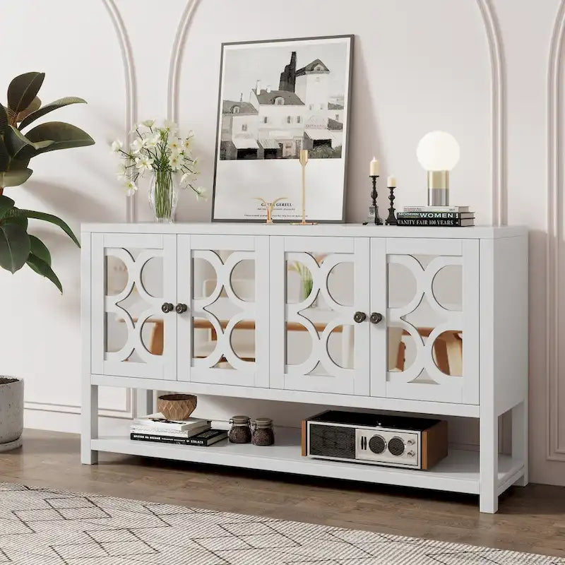 Elegant Retro Console Table/Storage Cabinet/Sideboard with Mirrored Doors, Spacious Shelves, and Durable Acacia Wood Legs