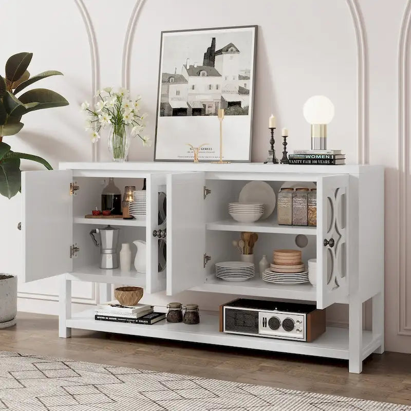 Elegant Retro Console Table/Storage Cabinet/Sideboard with Mirrored Doors, Spacious Shelves, and Durable Acacia Wood Legs