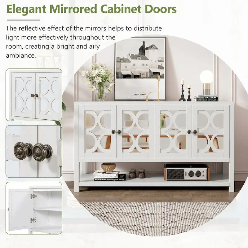 Elegant Retro Console Table/Storage Cabinet/Sideboard with Mirrored Doors, Spacious Shelves, and Durable Acacia Wood Legs