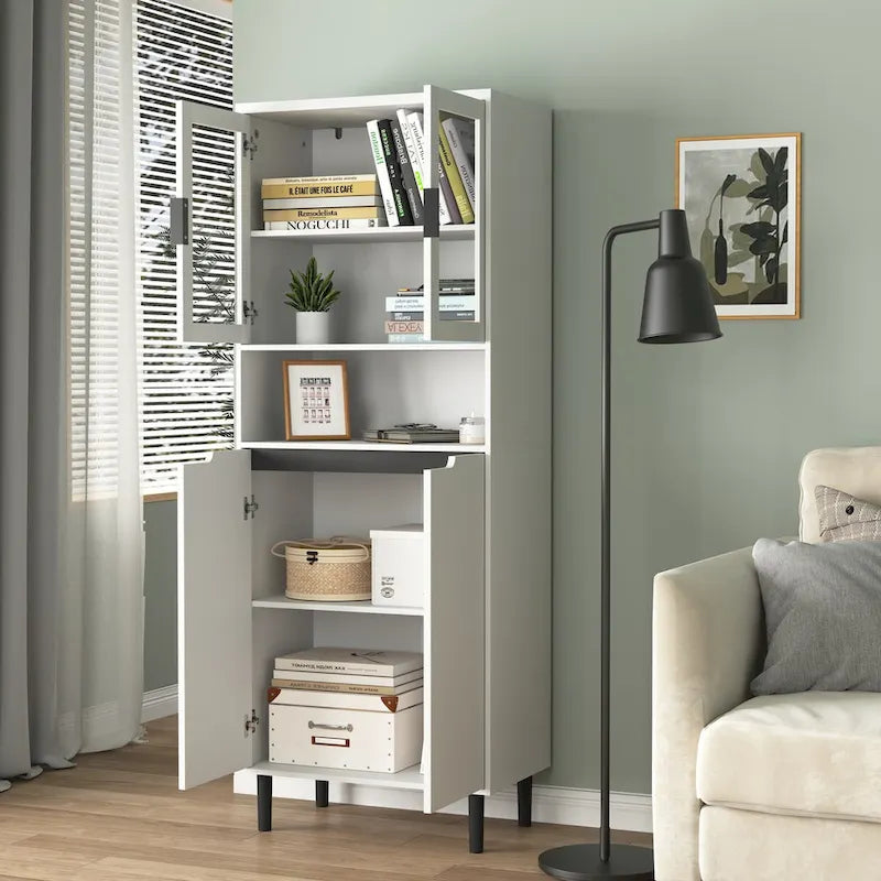 Tall Storage Show Cabinet with 2 Glass Display Door & 2 Doors, Modern Cabinet Freestanding for Bathroom, Dining Living Room