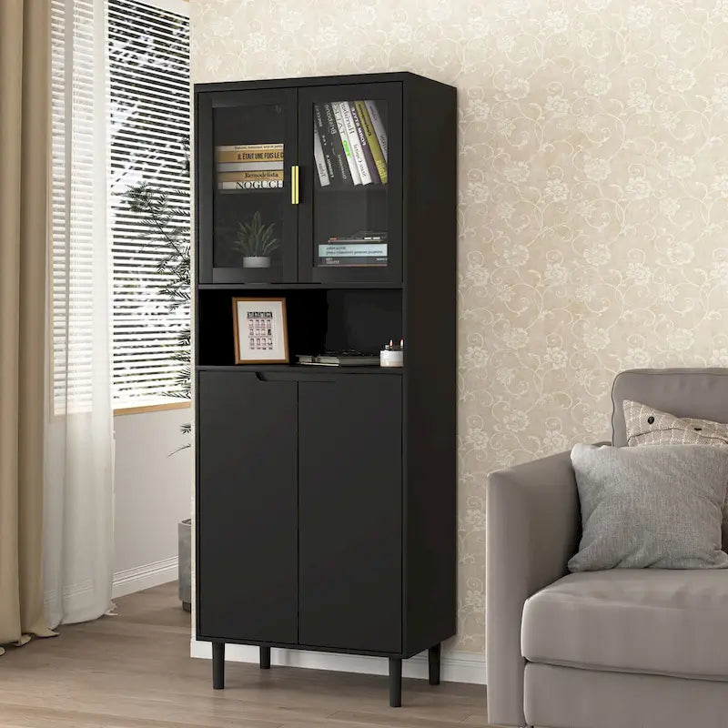 Tall Storage Show Cabinet with 2 Glass Display Door & 2 Doors, Modern Cabinet Freestanding for Bathroom, Dining Living Room