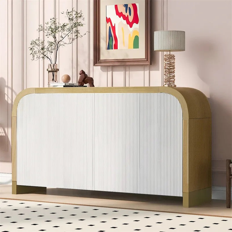 Wood Curved Corner Cabinet with Adjustable Shelves and 4 Door