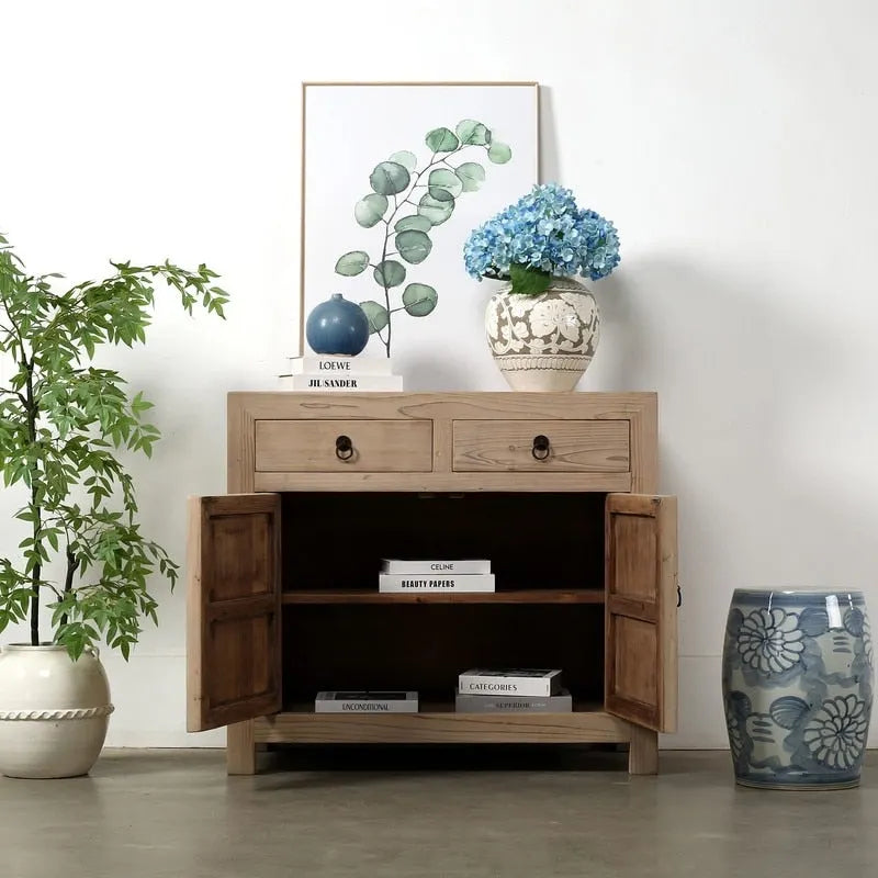 Two Drawers Cabinet Weathered Natural Solid Pine