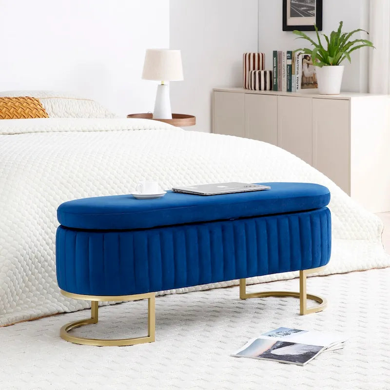 Storage Bench Bedroom Bench, Velvet Oval Upholstered End of Bed Bench with Golden Metal Legs, 50 Storage Ottoman Bench