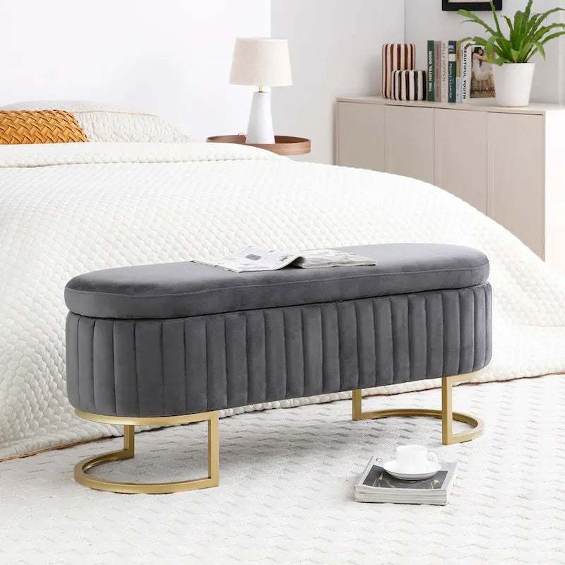 Storage Bench Bedroom Bench, Velvet Oval Upholstered End of Bed Bench with Golden Metal Legs, 50 Storage Ottoman Bench