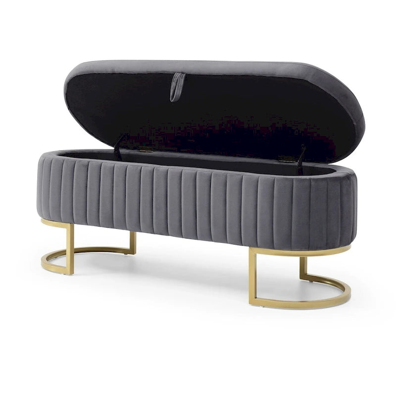 Storage Bench Bedroom Bench, Velvet Oval Upholstered End of Bed Bench with Golden Metal Legs, 50 Storage Ottoman Bench