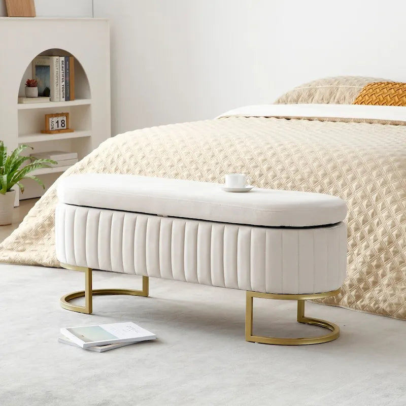 Storage Bench Bedroom Bench, Velvet Oval Upholstered End of Bed Bench with Golden Metal Legs, 50 Storage Ottoman Bench