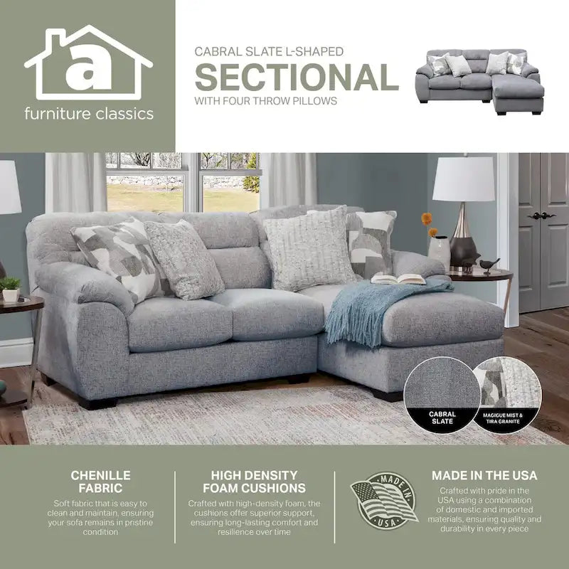 American Furniture Classics Cabral Slate Model A353V11-K2 L Shaped Sectional with 4 Throw Pillows