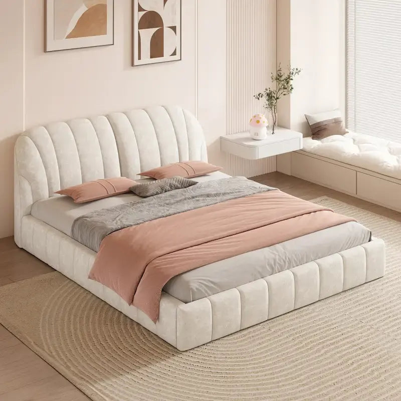 Queen Size Upholstered Platform Bed with Thick Fabric Headboard