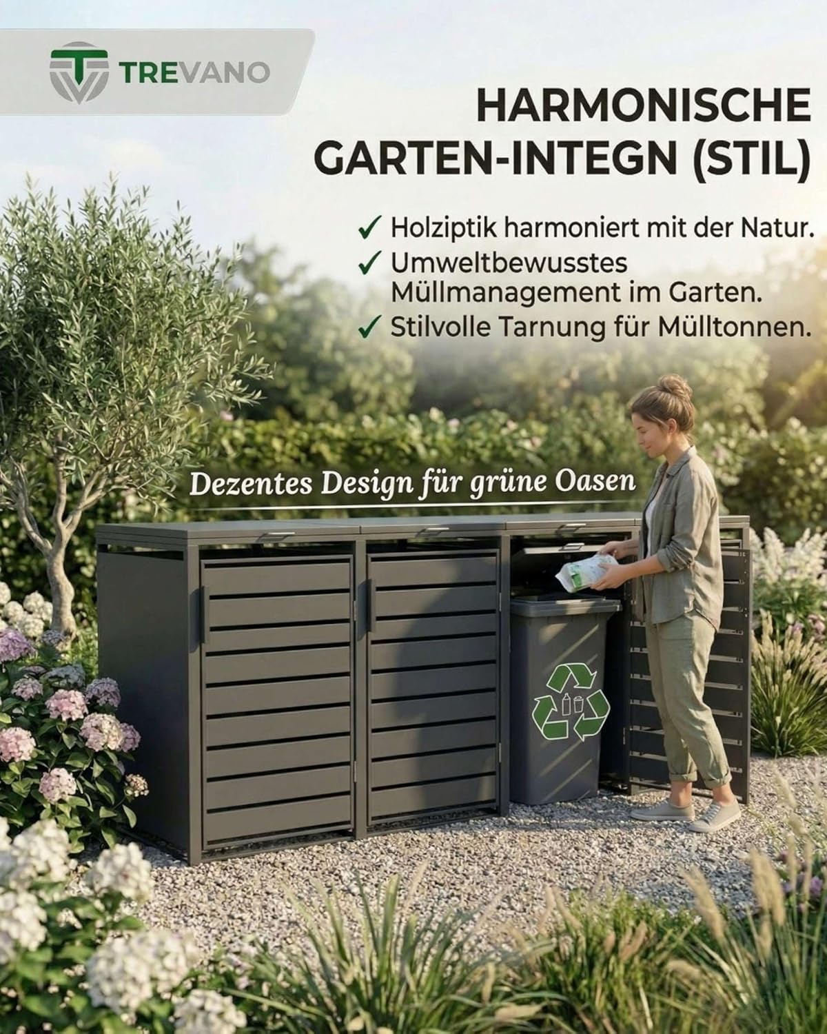 Produktbild: TREVANO Mülltonnenbox 3er 240l - Mülltonnenverkleidung 3 Ton – mit Zubehör