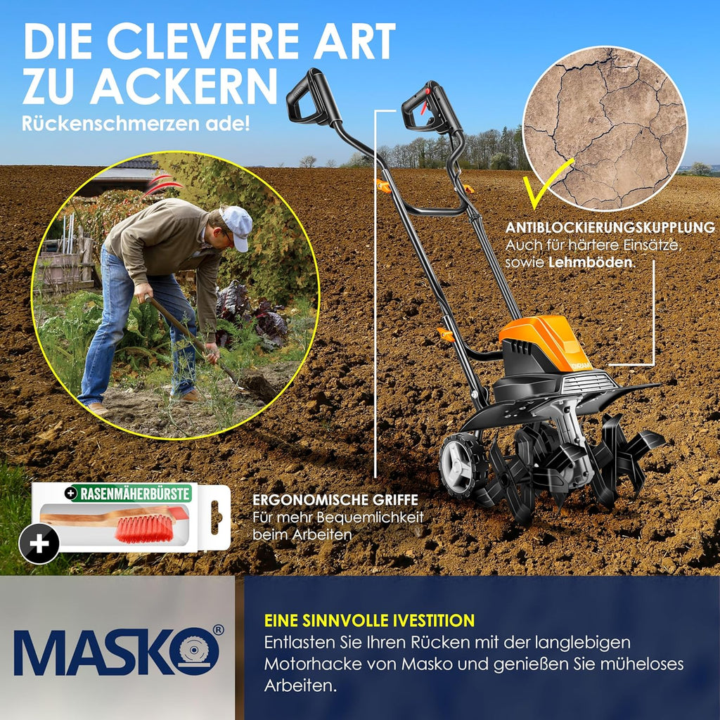 MASKO? Motobineuse électrique 1500 Watts | 40cm de Largeur de Travail, 20cm de Profondeur de Travail | Bineuse | Motoculteur à Fraise | Cultivateur | Fraiseuse de Jardin | Bineuse électrique/Orange