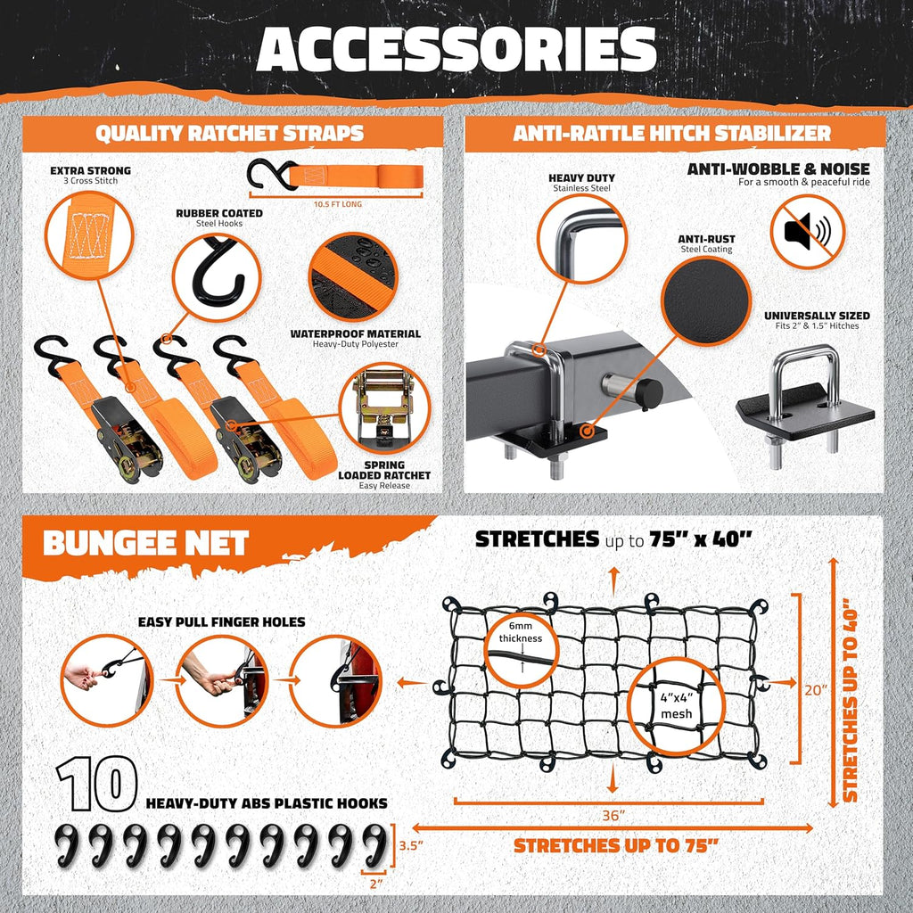 Mockins Porte-bagages pliable en acier résistant aux intempéries pour voiture, VUS et camion avec capacité de 226,8 kg | Récepteur d'attelage de 5,1 cm et accessoires de remorque cargo 152,4 x 50,8 x