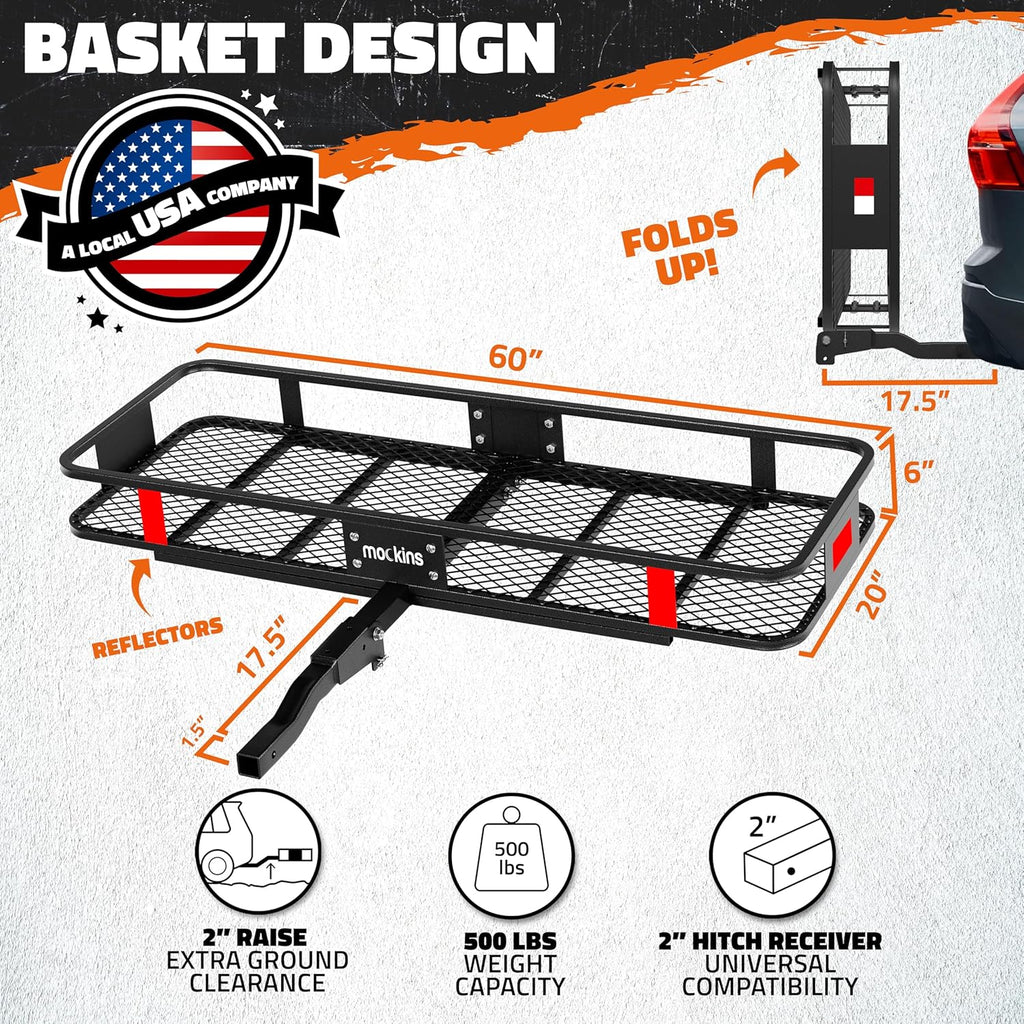 Mockins Porte-bagages pliable en acier résistant aux intempéries pour voiture, VUS et camion avec capacité de 226,8 kg | Récepteur d'attelage de 5,1 cm et accessoires de remorque cargo 152,4 x 50,8 x