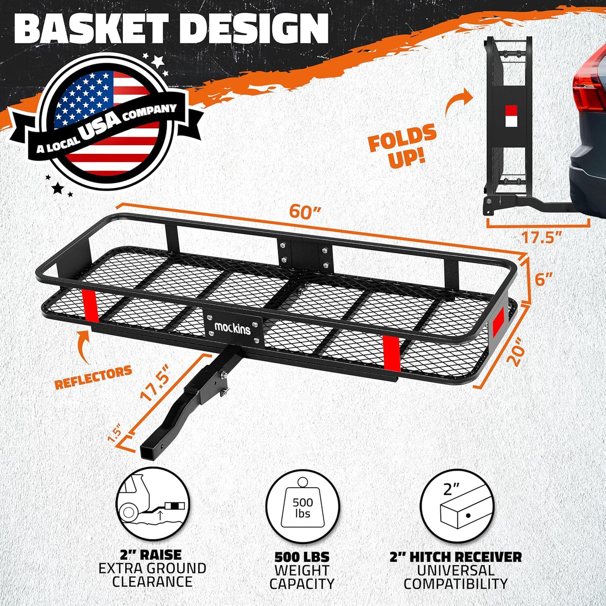 Mockins Porte-bagages pliable en acier résistant aux intempéries pour voiture, VUS et camion avec capacité de 226,8 kg | Récepteur d'attelage de 5,1 cm et accessoires de remorque cargo 152,4 x 50,8 x