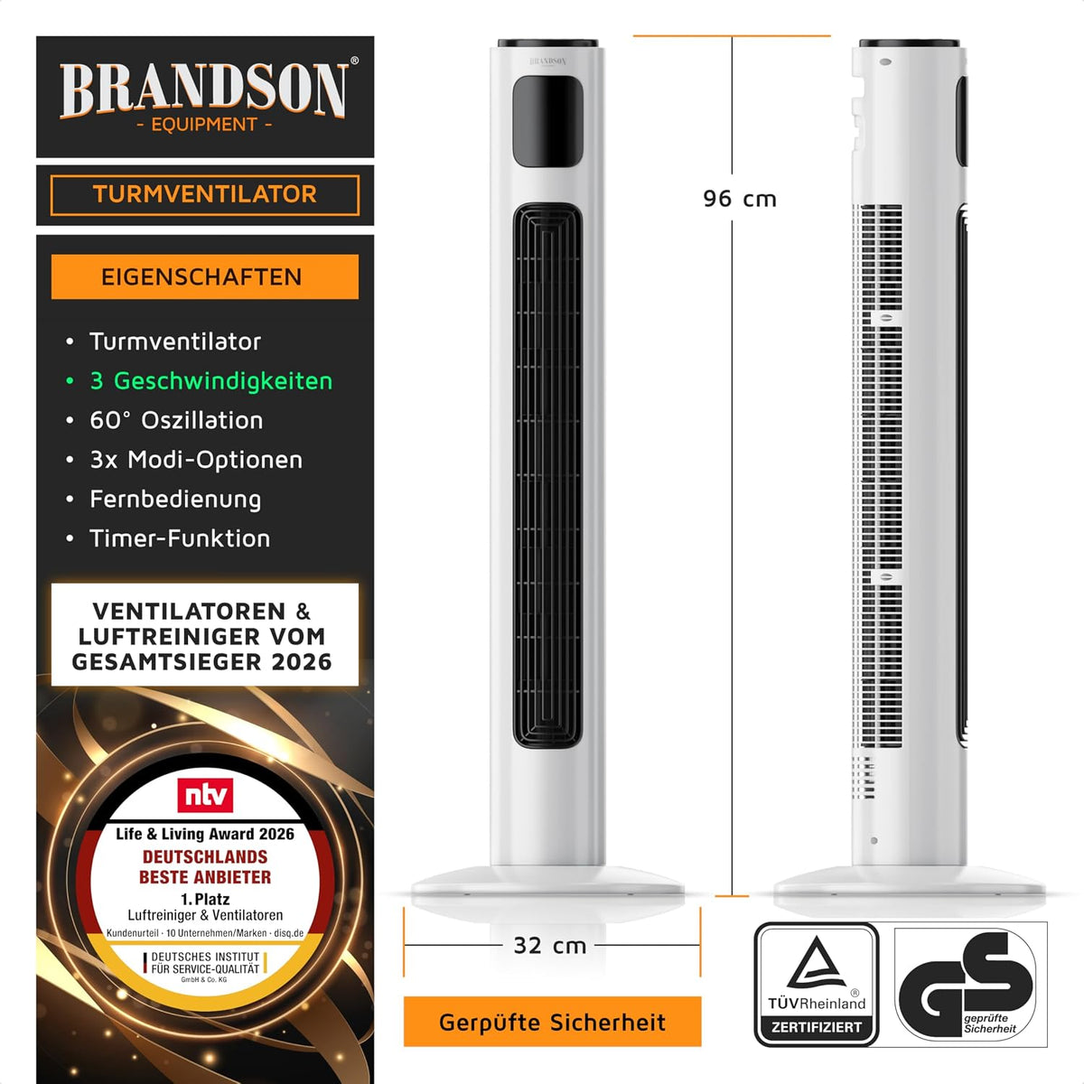 Brandson - Turmventilator mit Fernbedienung 96 cm - Preisträ – Hauptansicht 1/13