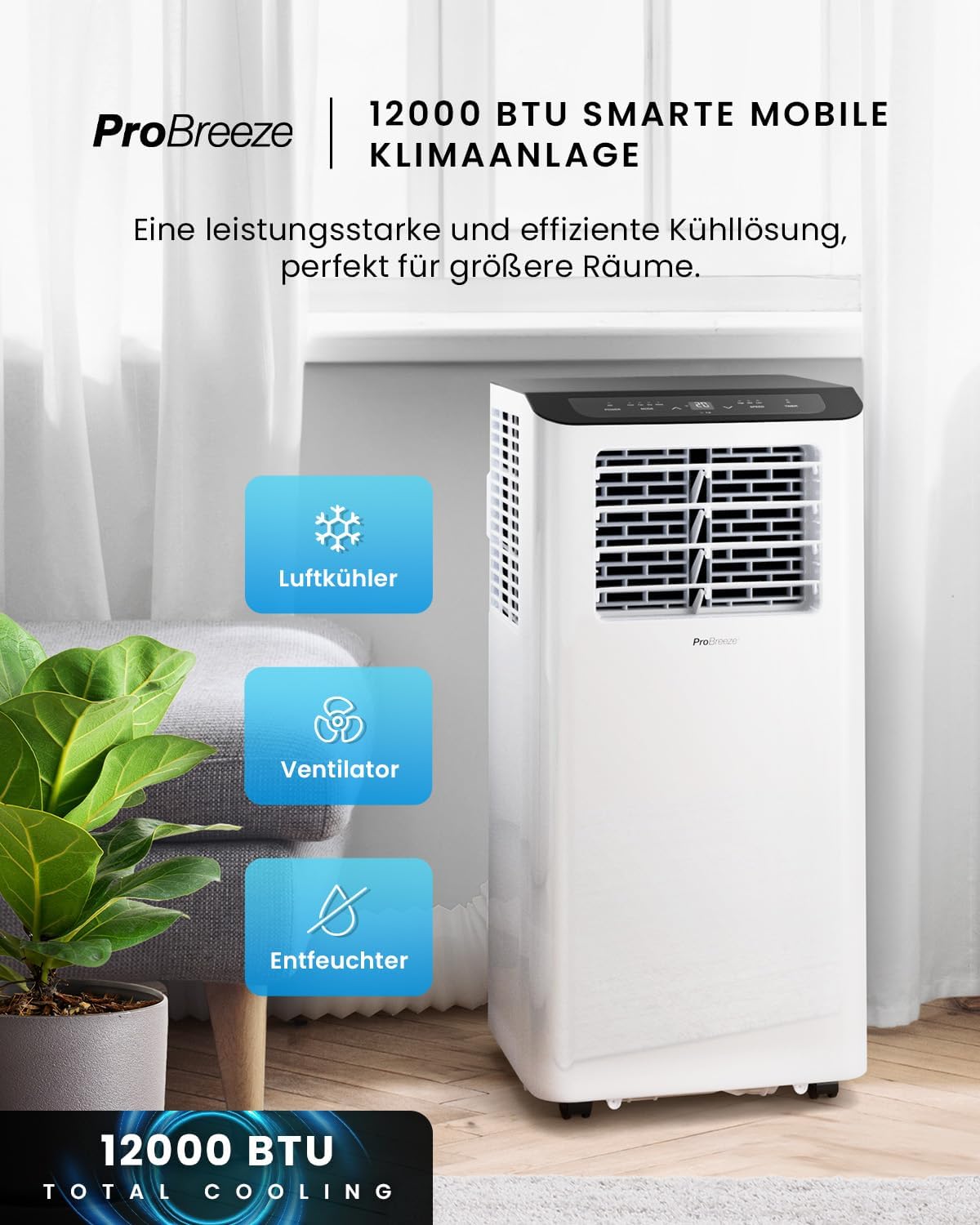 Produktbild: Pro Breeze 12000 BTU Mobile Klimaanlage (Räume bis 50㎡) – Kl – Frontansicht