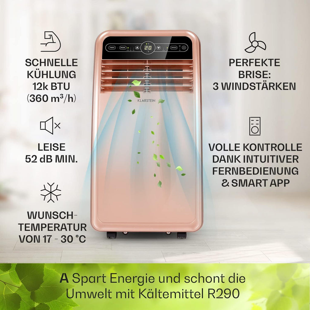 Produktbild: Klarstein Mobile Klimaanlage mit Abluftschlauch – geöffnet im Betrieb