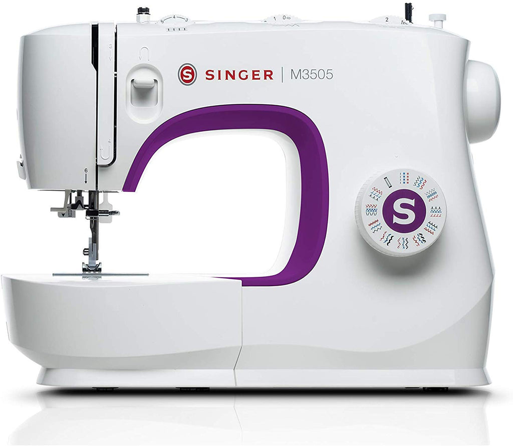 Singer M3505 naaimachine wit met paarse accenten van voren