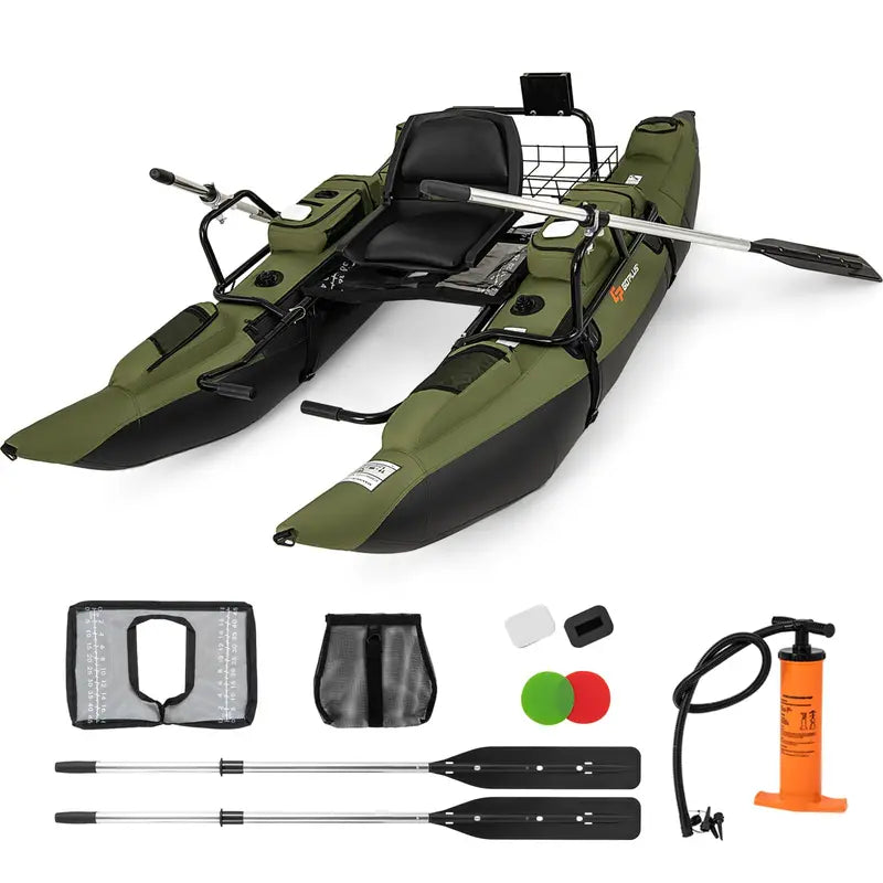 Groen/zwarte opblaasbare visboot met zitting op het water