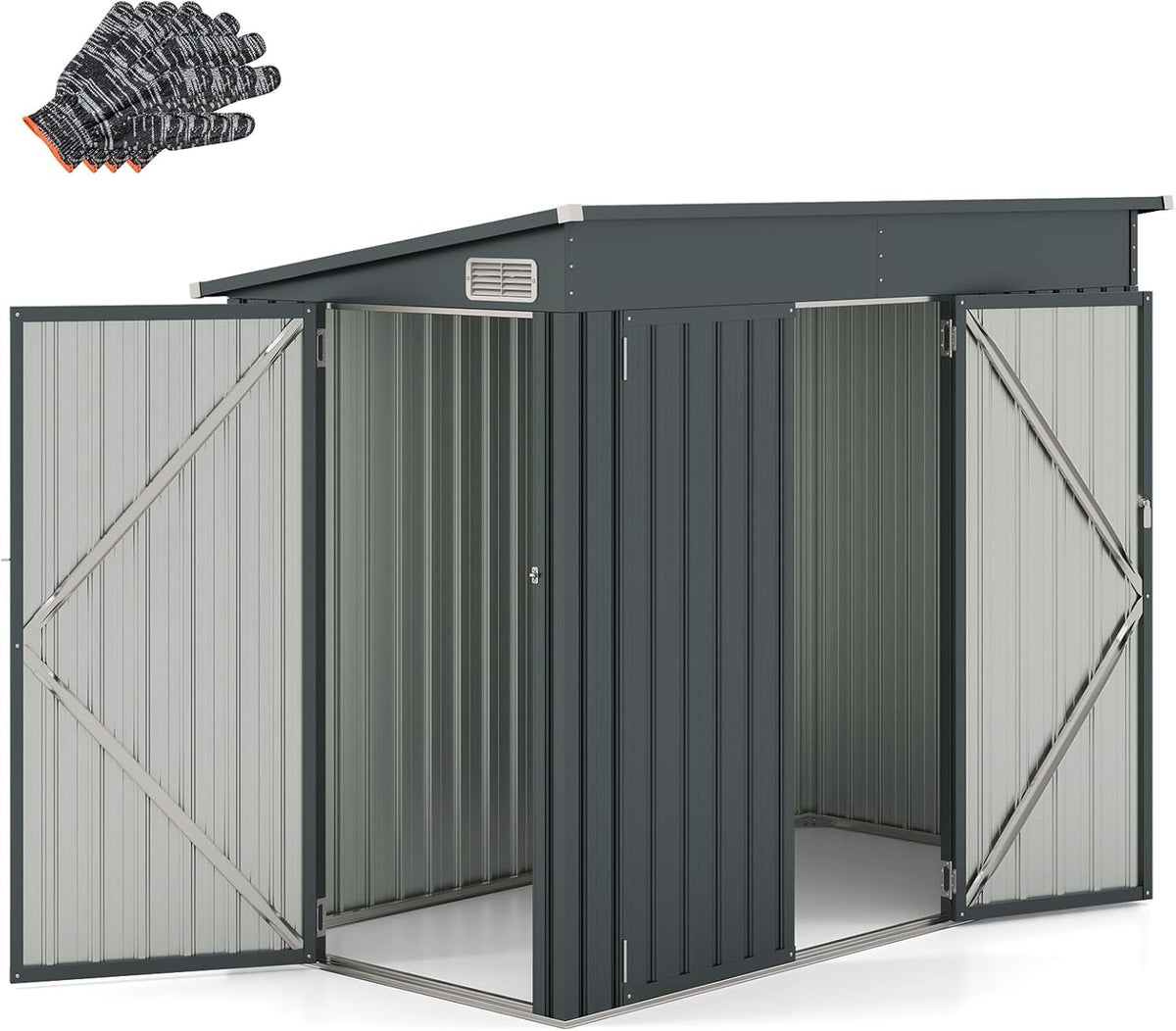 COSTWAY donkergrijze metalen tuinschuur in de tuin, vooraanzicht