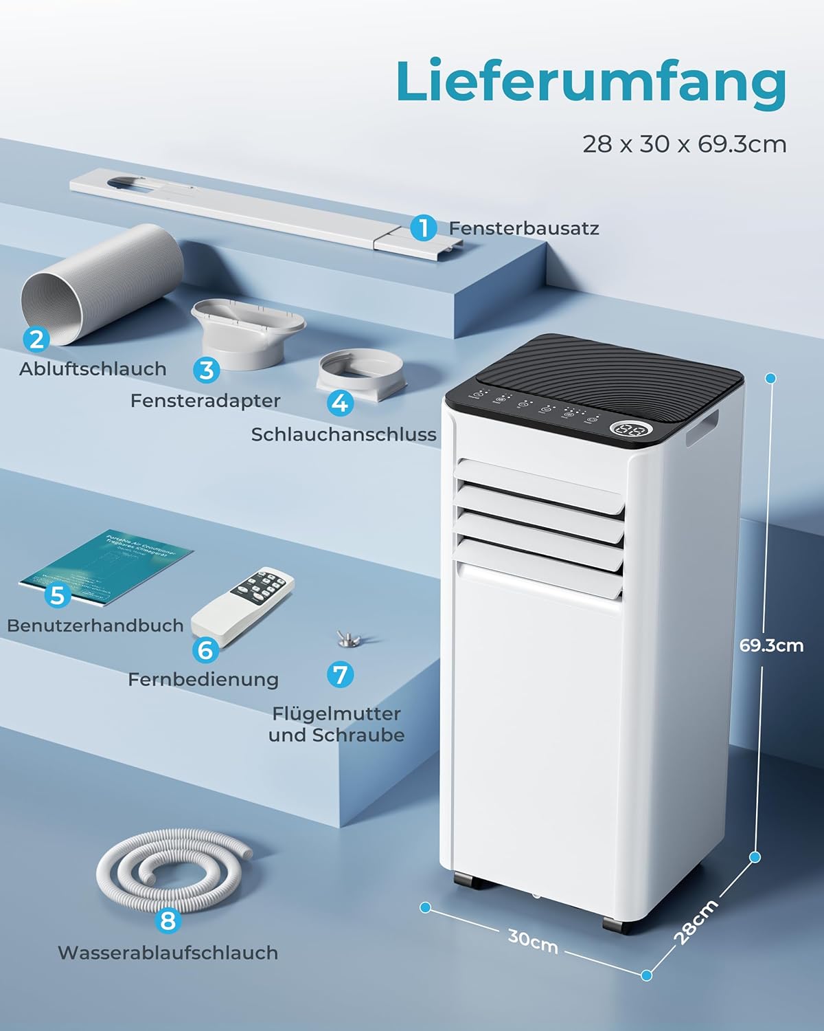 Produktbild: Mobile Klimaanlage 9000 BTU mit Abluftschlauch – Frontansicht