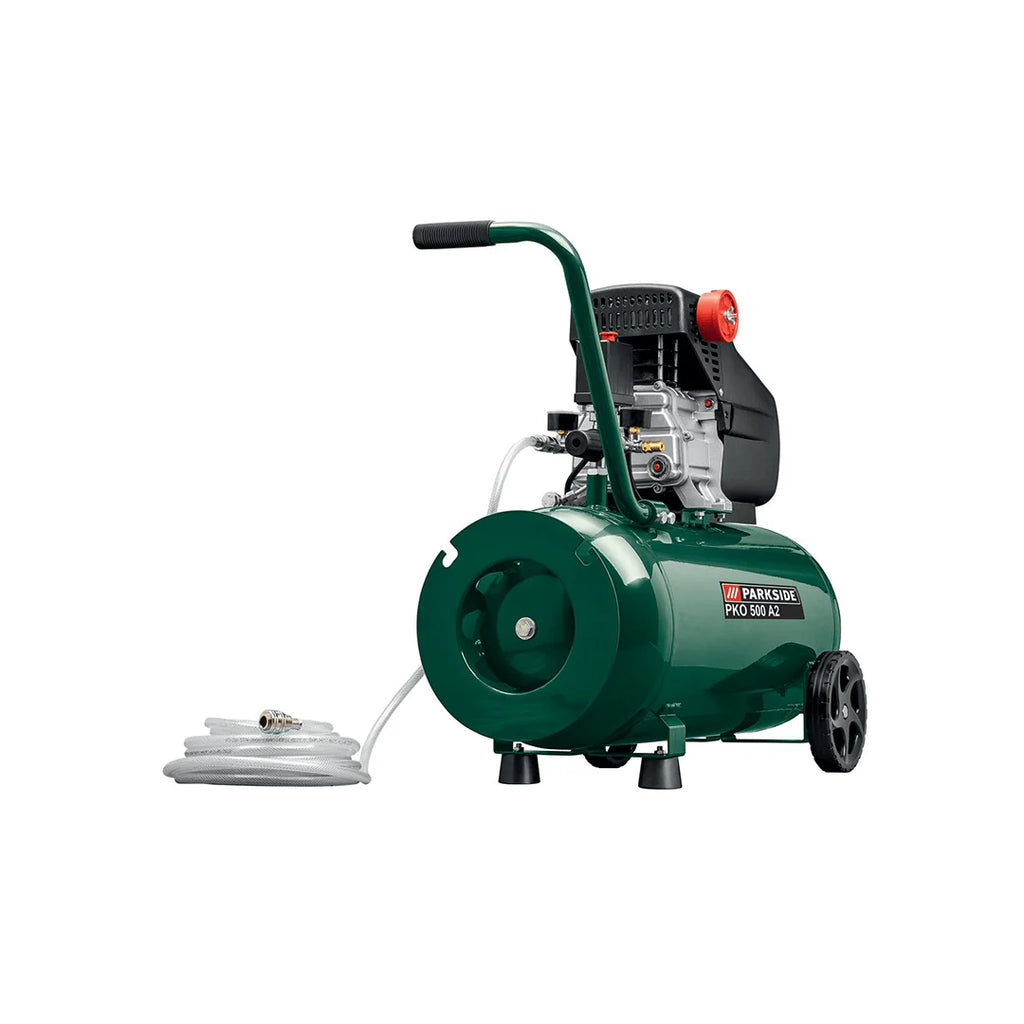 Zijaanzicht van de stille compressor op wieltjes