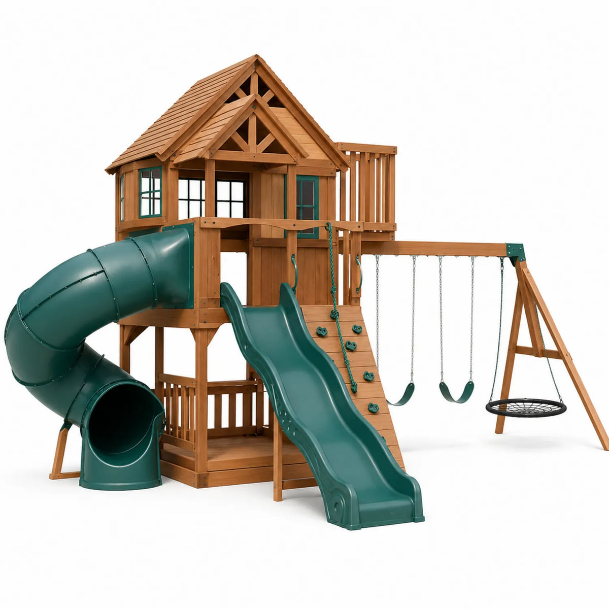 Produktbild: Holzspielplatz mit Rutschen und Schaukeln für den Außenberei – Frontansicht