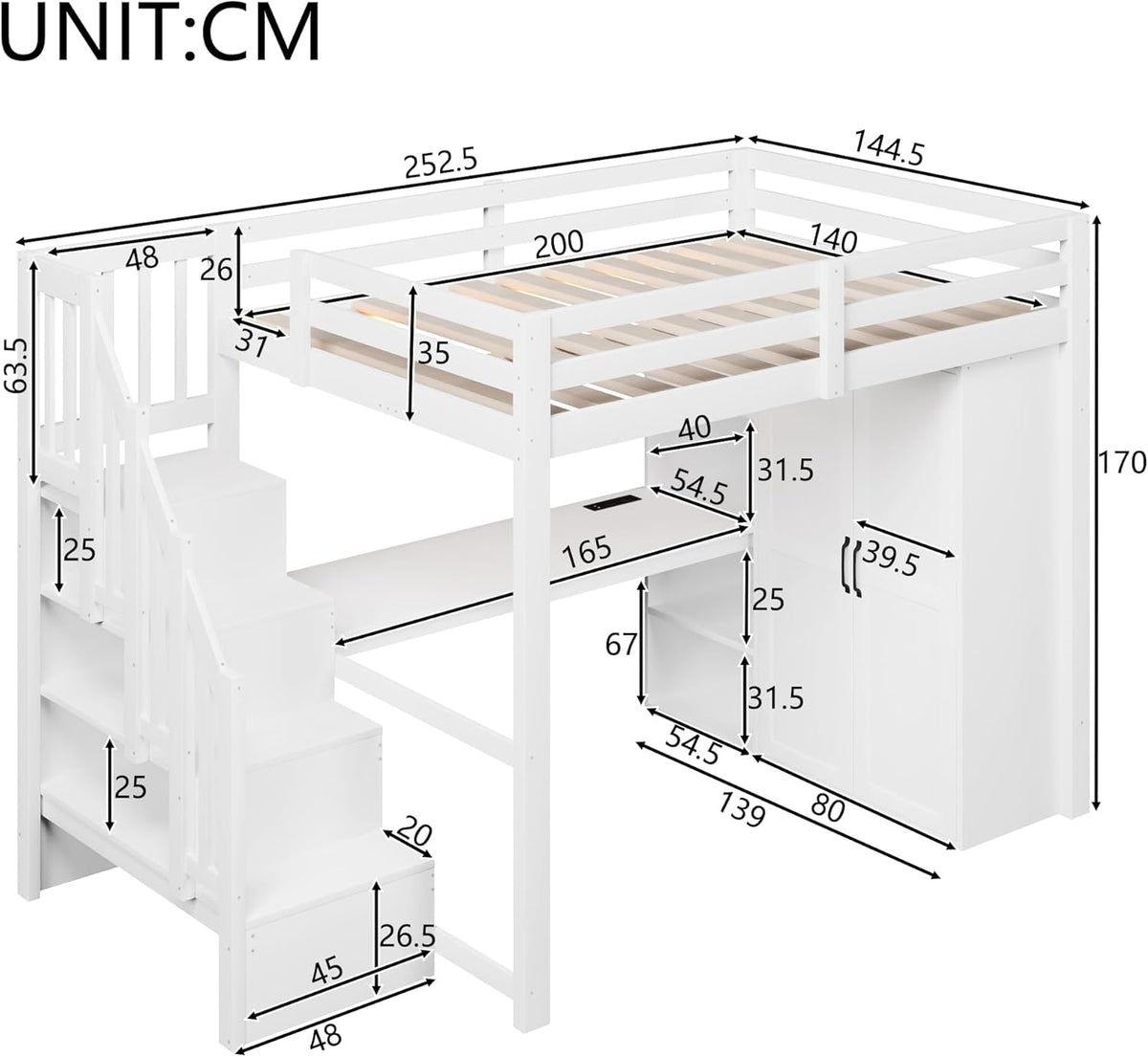 Hochbett 140x200 in Weiß mit Schreibtisch