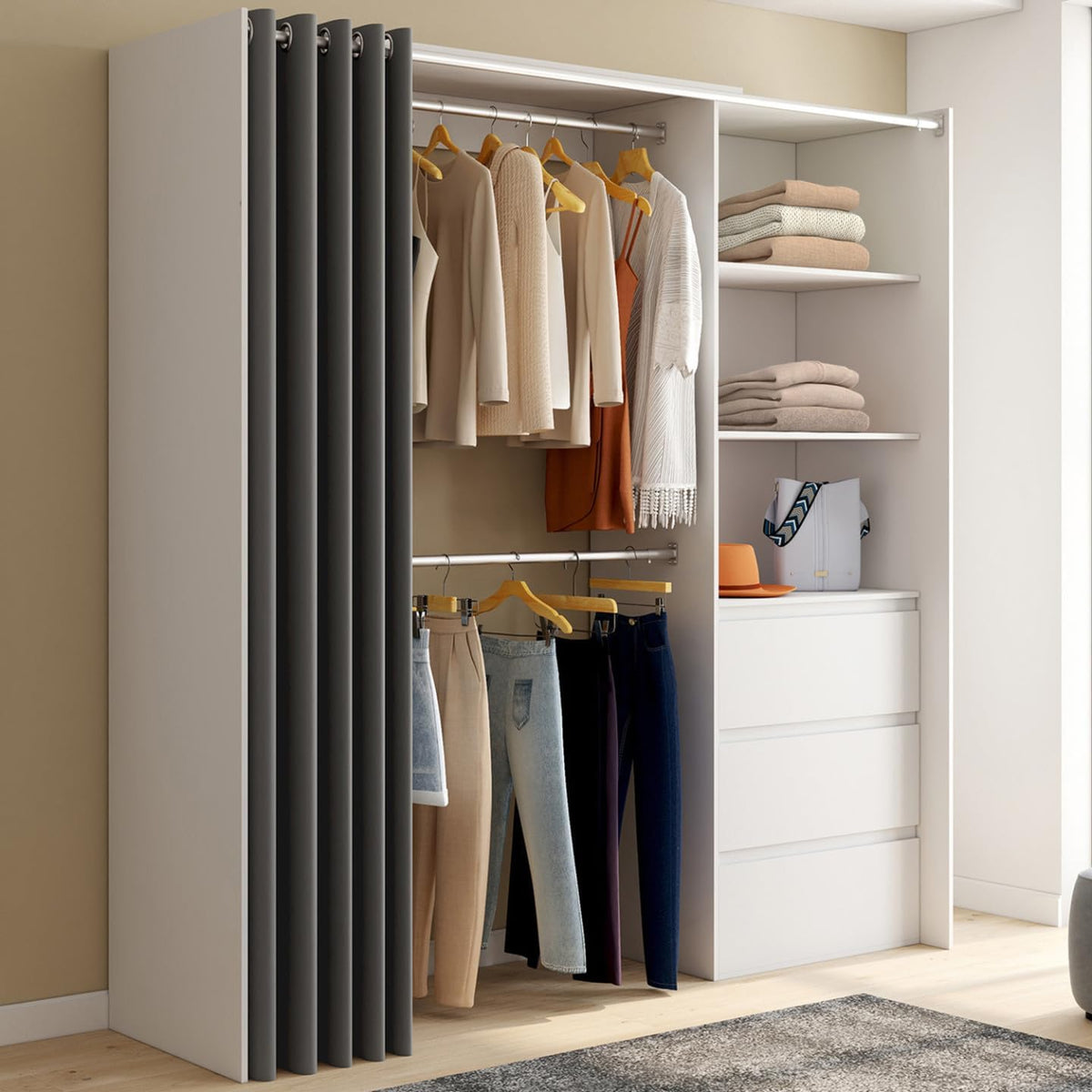 IDMarket MARTY witte kledingkast, dubbele kledingroede met kleding