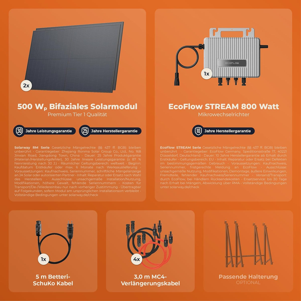 Solarway® 1000Wp / 800W Balkonkraftwerk komplett Steckdose - – Rückansicht 5/7
