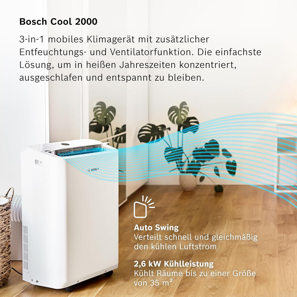 Bosch Cool 4000 Mobiles Klimagerät 2,6 kW, für Räume bis 35 m², 3-in-1