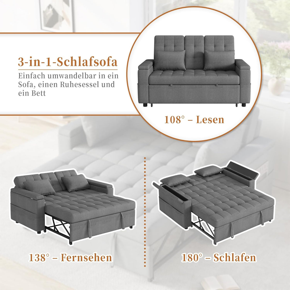 2-Sitzer Schlafsofa Grau mit Stauraum – Seitenansicht