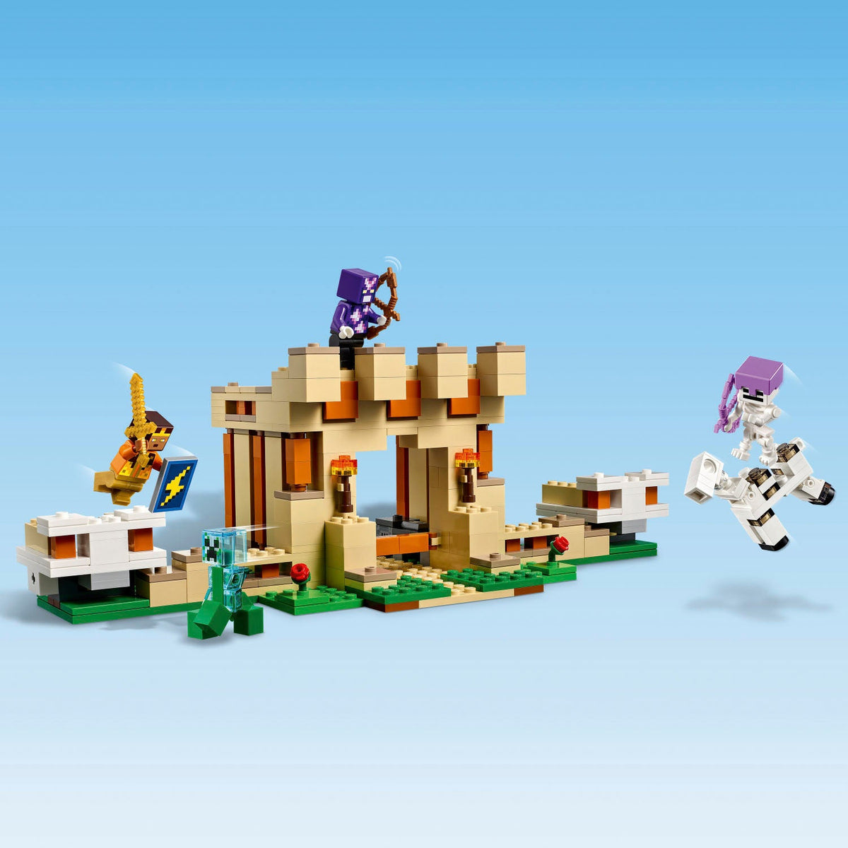 Minecraft personages in en rond het fort