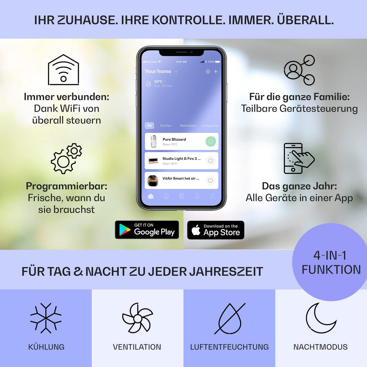 Produktbild: Klarstein Mobile Klimaanlage mit Abluftschlauch – Einsatz im Wohnraum