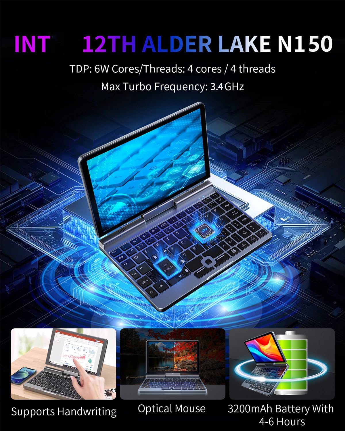 8 inch 2-in-1 mini laptop – 180 graden draaibaar touchscreen in tabletstand