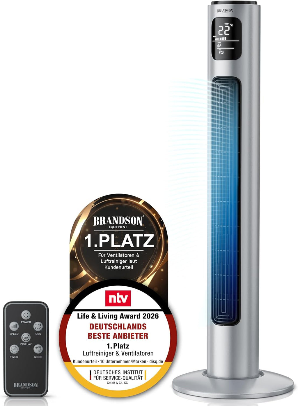 Brandson Turmventilator 96 cm mit Fernbedienung, 3 Stufen, 60° Oszillation, Perlweiß