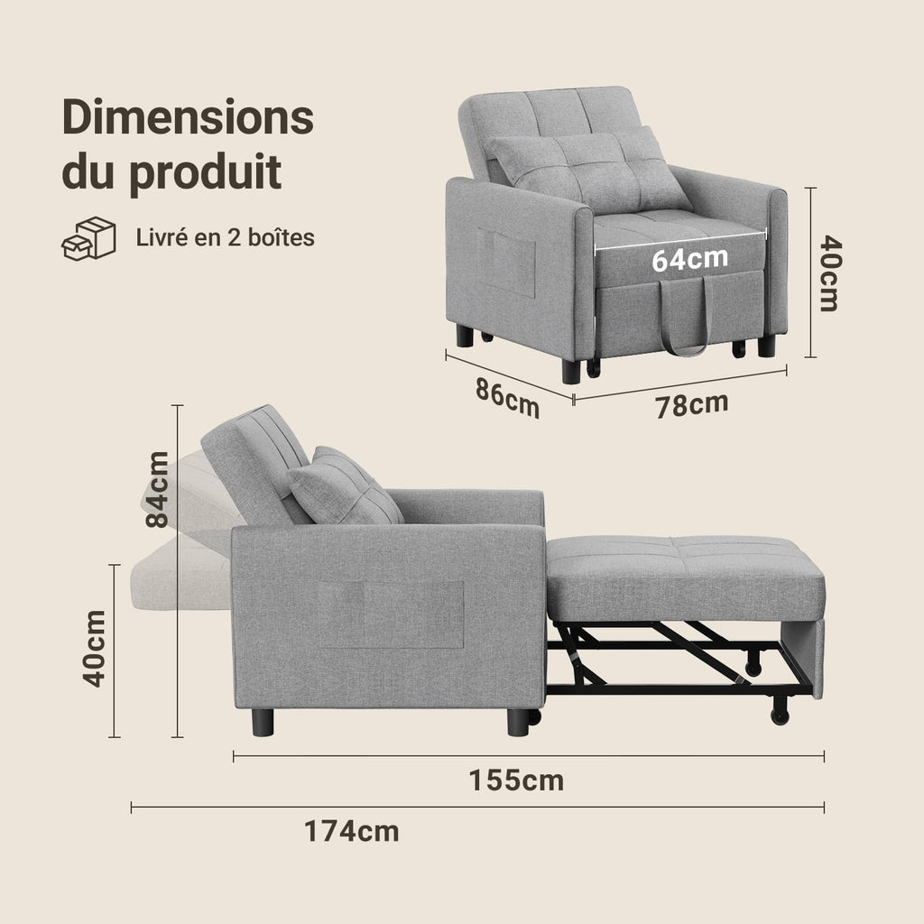 Xbro AR24 fauteuil-slaapbank lichtgrijs - rugleuning in 140° stand als chaise longue