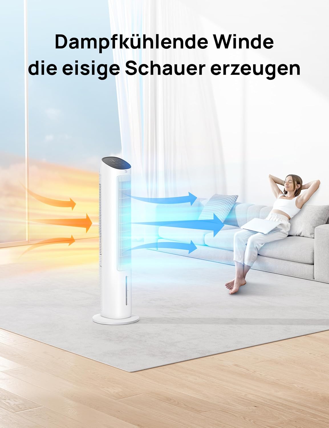 Bedienfeld und Wassertank des Turmventilators