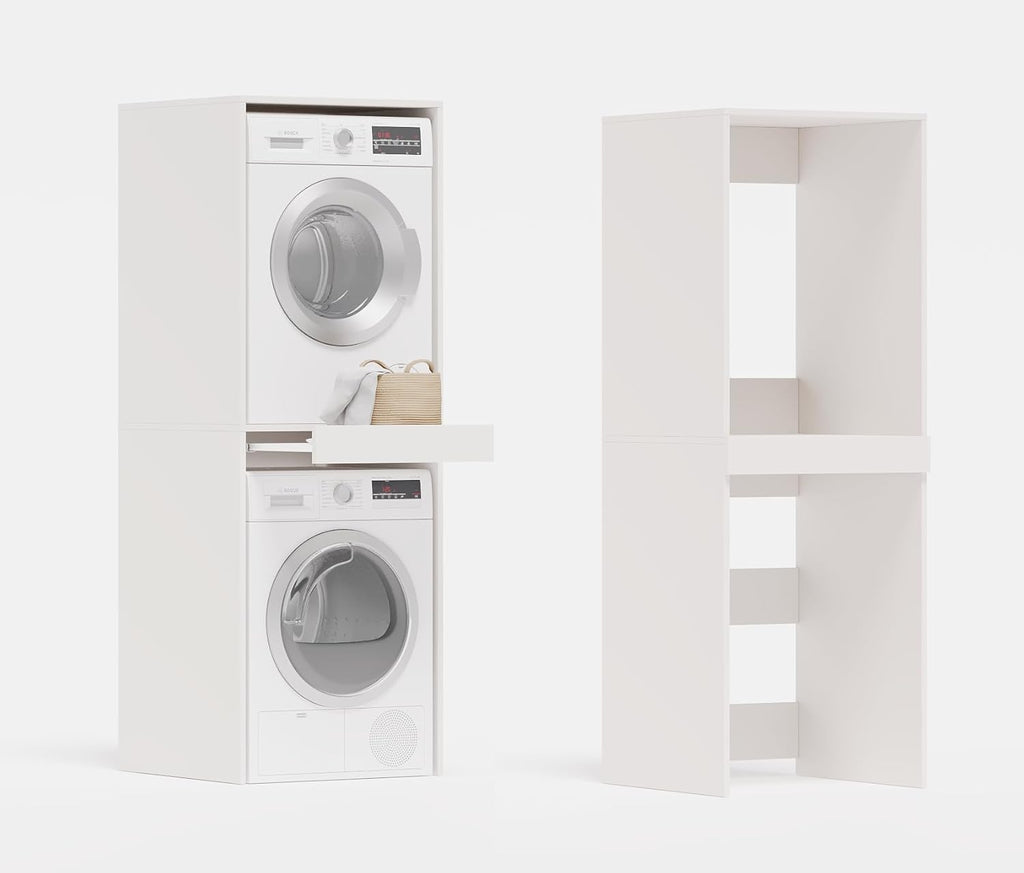 PLATAN ROOM witte stapelkast - overzicht met wasmachine en droger