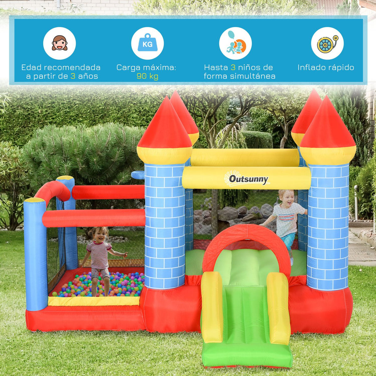 Outsunny opblaasbaar springkasteel, transporttas en accessoires