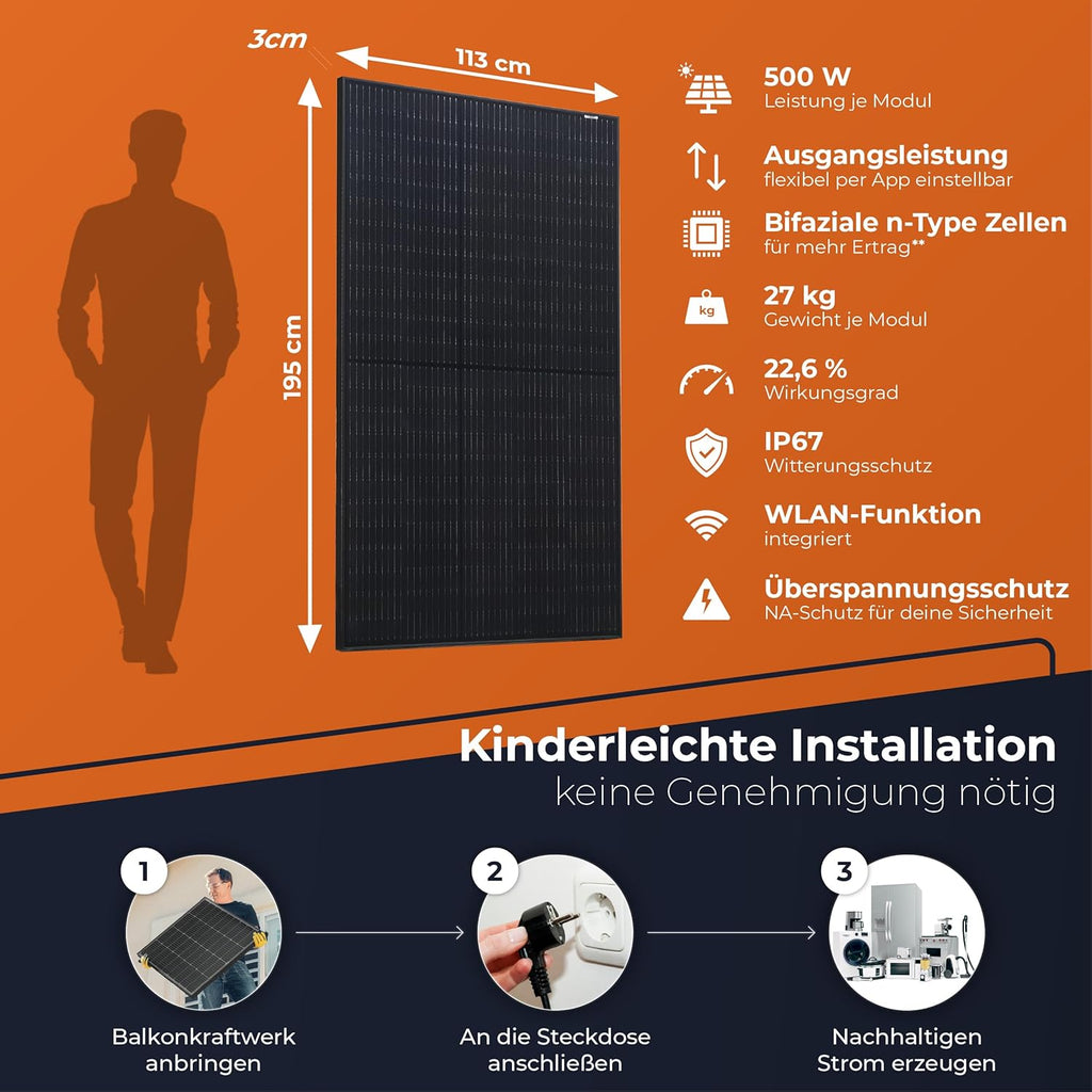 Solarway® 1000Wp / 800W Balkonkraftwerk komplett Steckdose - – Draufsicht 6/7