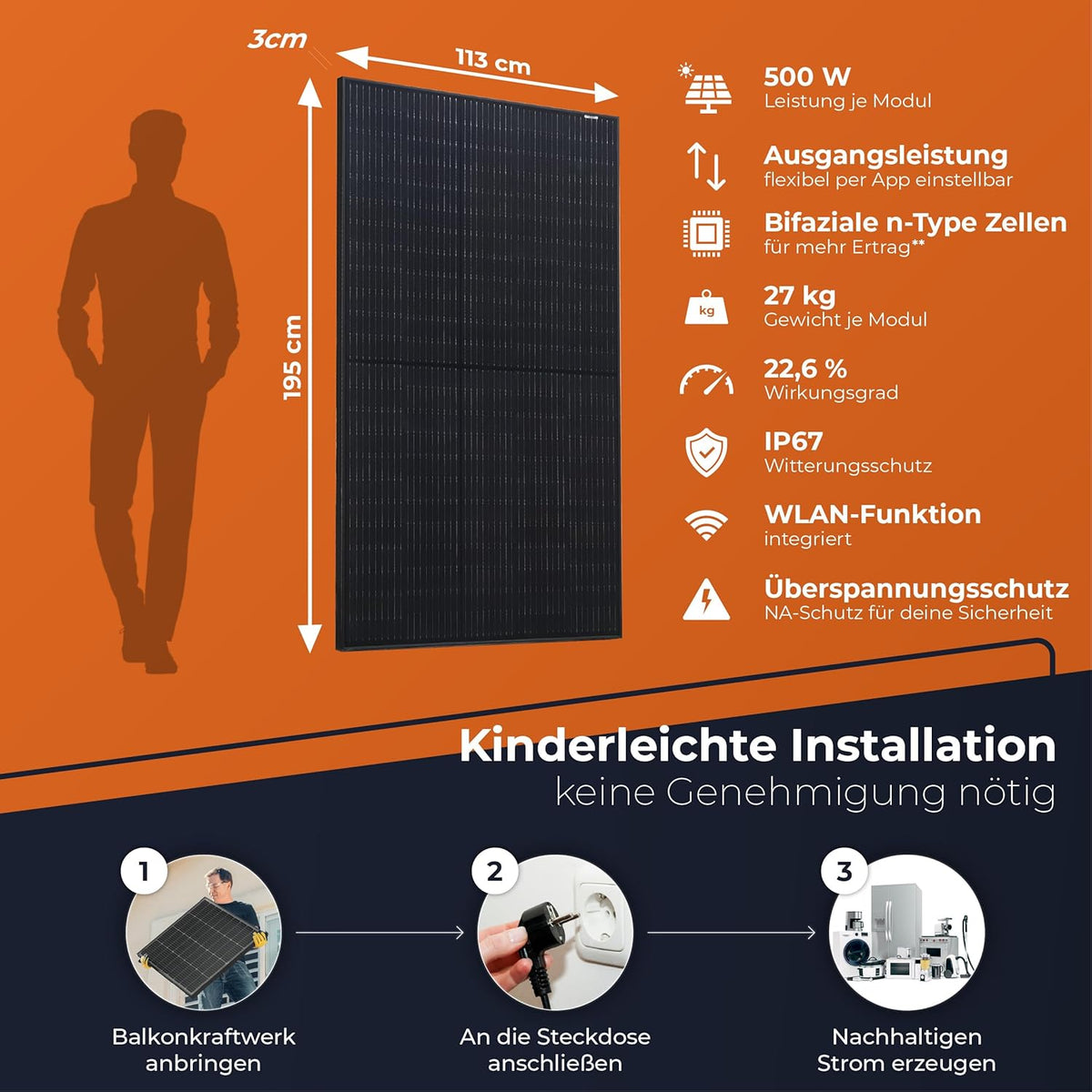 Solarway® 1000Wp / 800W Balkonkraftwerk komplett Steckdose - – Draufsicht 6/7