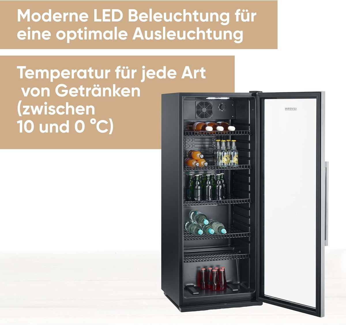 SEVERIN Flaschenkühlschrank FSK 8840, 118 L, mit Schloss und LED, schwarz/silber
