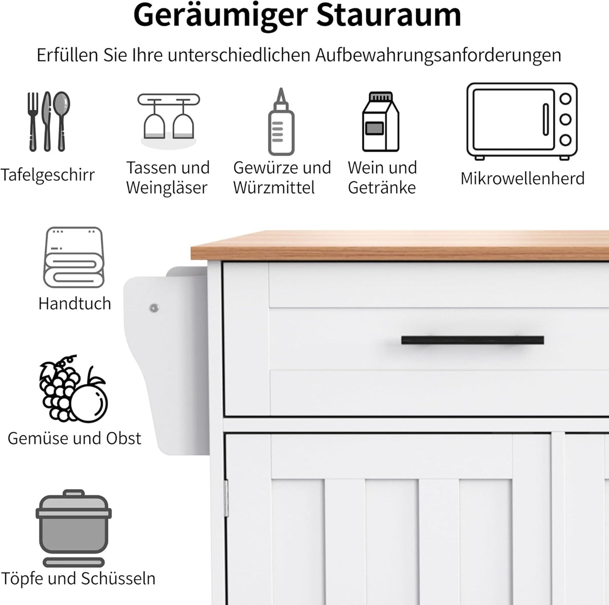 Wit keukeneiland op wielen, massief houten buffetpoten