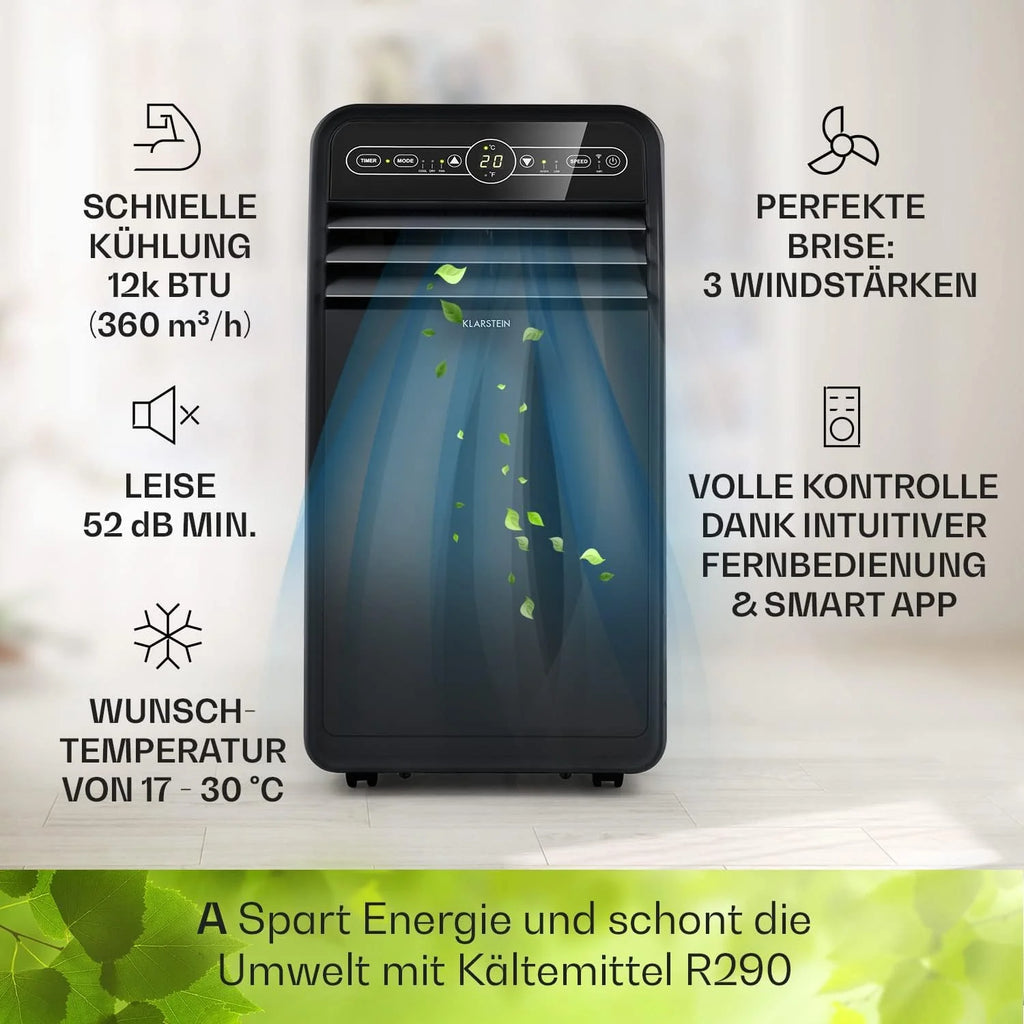 Produktbild: Klarstein Mobile Klimaanlage mit Abluftschlauch – geöffnet im Betrieb