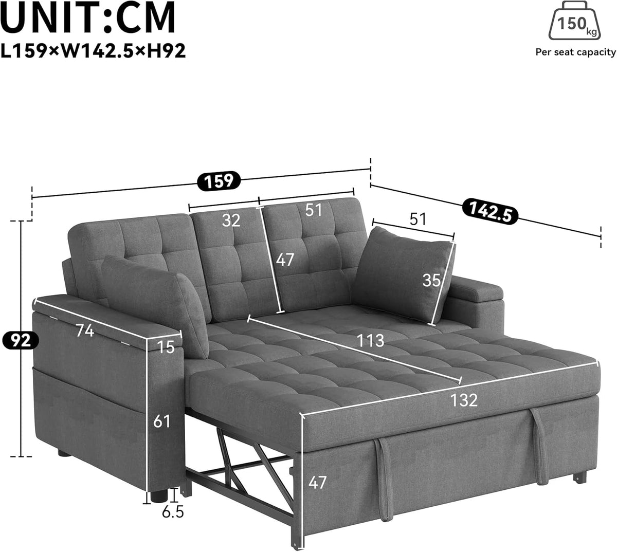 2-Sitzer Schlafsofa Grau mit Stauraum – Gesamtansicht