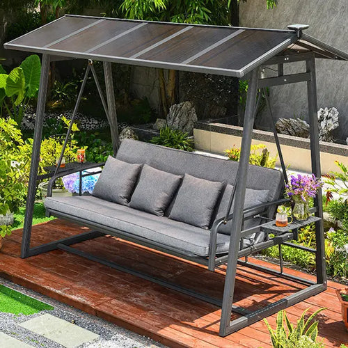 2-in-1 tuinschommel met dakluifel en grijze kussens, overzicht