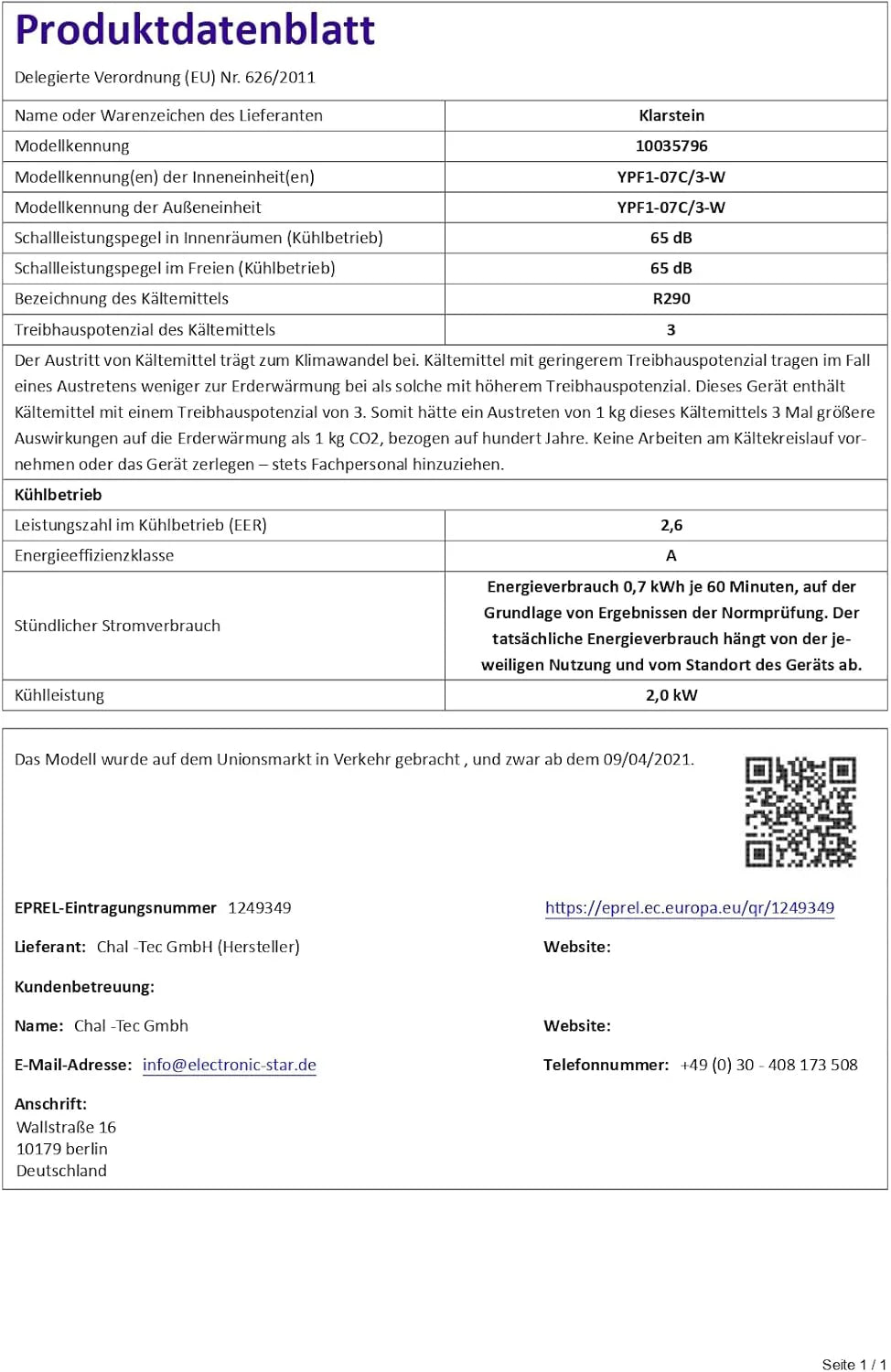 Produktbild: Klarstein Mobile Klimaanlage mit Abluftschlauch – Farbvariante